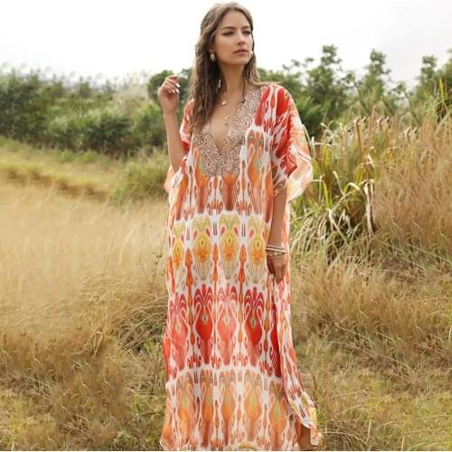 Moroco Caftan Bohemian design long dress V-neck sexy Beach cover-up Oversize Plus Batwing sleeve Retro surf Loose Kaftan Summer