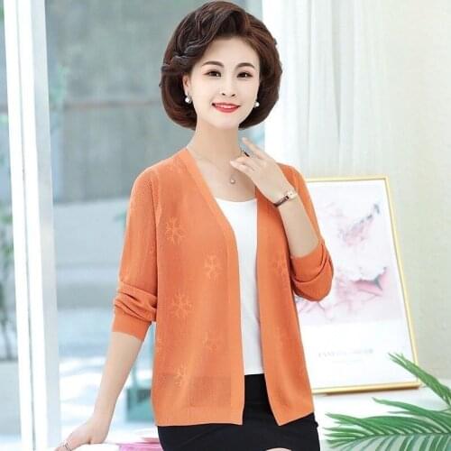 Spring Summer Wild Casual Knitted Cardigan Middle-aged Women Top Jacket Korean V-neck Blouse Cardigans Hollow Knit Sweater X221