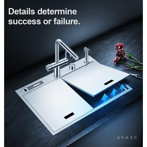 Asras 6449Y Handmade Hidden Sink with Cover 304 Stainless Steel Kitchen Sink set with Faucet and Rapid Drainage