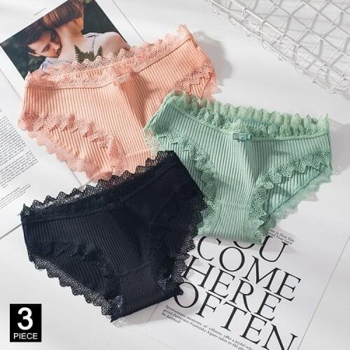 Cotton Panties Woman Sexy Lace Briefs Fashion Solid Color knickers Girls Bow Underpants Set Underwear Dropshipping 3 Pcs/lot
