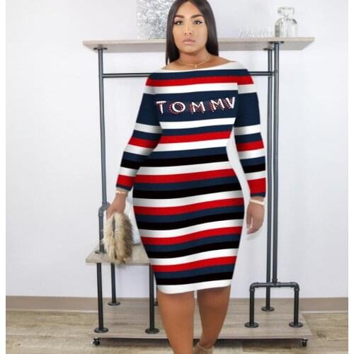 VAZN 2020 New Plus Size Striped Sexy Daily Elegant Young Fashion Slash Neck Full Sleeve Women High Waist Thin Midi Dress