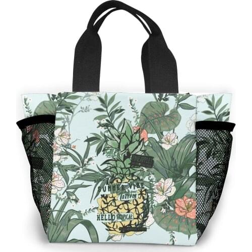 Vintage Tropical Flowers Bag Women Pineapple Shoulder Bags Small Groceries Shopping Bag Tote Shopper Purses Side Mesh Handbag