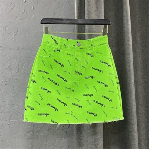Letter Print Denim Skirt Women Streetwear 2021 New Summer Fashion High Waist Mini Skirt Female Pocket Loose A-Line Jeans Skirts