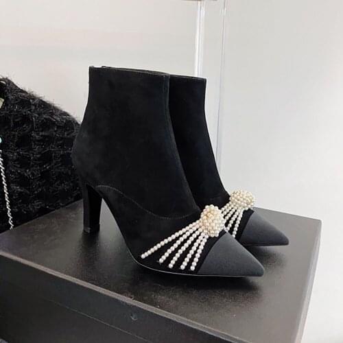 Spring Pointed Toe High Heels Boot Brand Design Beading Women Shoes Female Shoes Luxury Female Boots