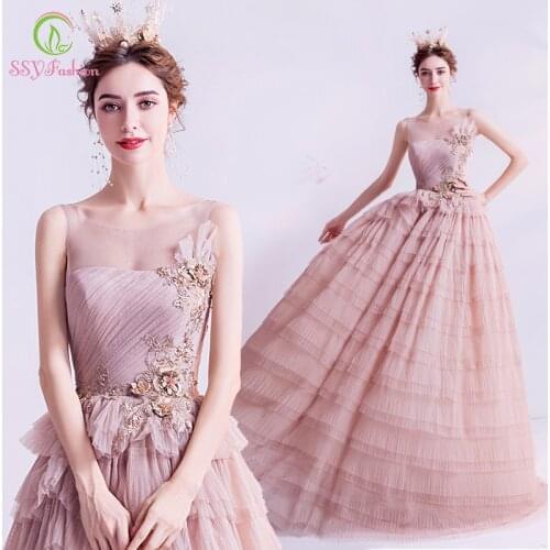 SSYFashion New Sweet Pink Evening Dress Romantic Lace Appliques Beading Princess Tiered Cake Dress Prom Formal Gown Vestidos