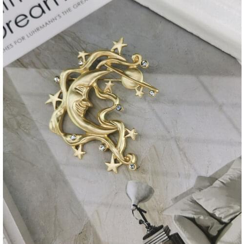 And American retro jewelry matte gold moon goddess Brooch frosted Gold Diamond moon goddess accessories Badge Pin