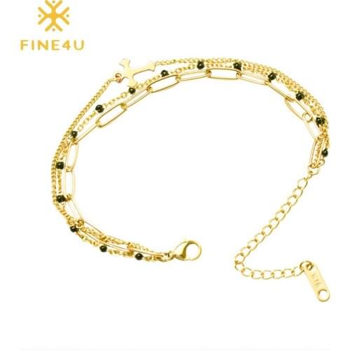 FINE4U Dainty Beads Bracelets for Women Handmade Layered Cute Cross Bracelets Bohemia Summer Beach Jewelry B01934