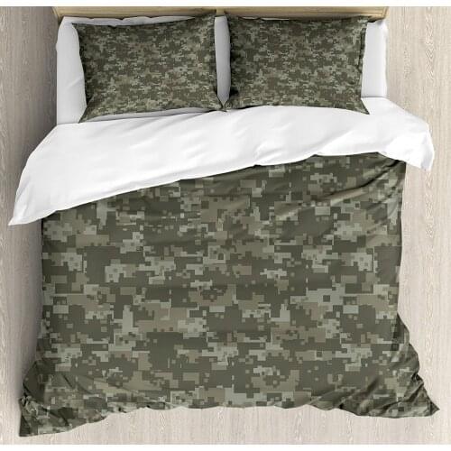 Camouflage Duvet Cover Set Monochrome Attire Pattern Concealing Hiding in The Woods Themed Print Decorative 3 Piece Bedding Set