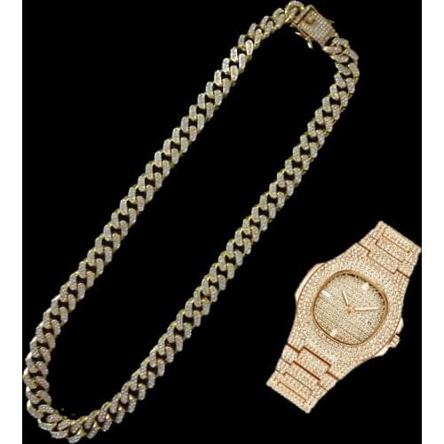 2pcs Kit Hip Hop 12MM Iced Out Paved Rhinestones Full Miami Cuban Chain CZ Rapper Necklace+Watch Bracelet For Men Women Jewelry