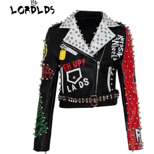 LORDLDS Leather Jacket Women Studded Graffti Color PU Biker Moto Coats Ladies Slim Short Streetwear Outfit
