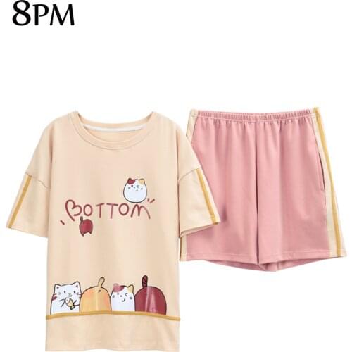 Summer Loose Casual Pyjamas Womens Round Neck Short Sleeves Shorts Home Wear Cute Cartoon Sleepwear Comfort Pijamas ouc577