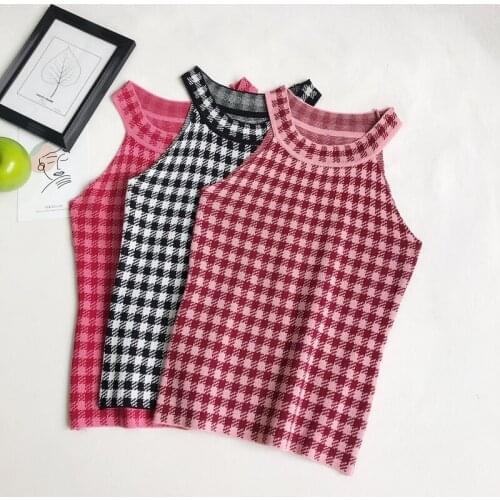 Fashion Temperament All-match Color Contrast Plaid Halter Sleeveless Tank Top Slim Bottoming Sling Top Women Vest