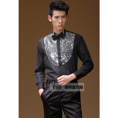 Homme Robe Ete Sequin Shirts Mens Chemise Stage Dance Performance Glitter Sequined Prom Costume Dress Wedding Groomsmen Shirt