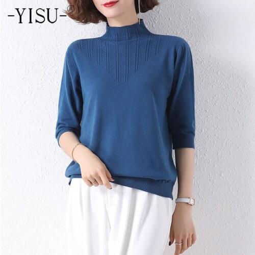 YISU New Women Casual Middle sleeve Sweater Pullover Tee Summer Half turtleneck Solid color Knitted pullover Female Thin T-shirt