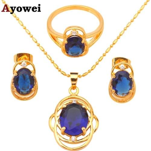 New arrival ! Gold tone Earring Necklace Fashion Jewelry Sets Ring Blue Crystal Health Jewelry Sz #6#7#8#9 JS470A