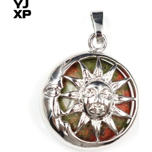 YJXP Classic Style Silver Plated Round Sun Locket Unakite Stone Pendant Fashion Jewelry