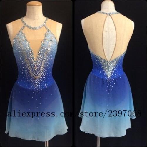 Blue Ice Skating Dress Custom Women Competition Figure Skating Dress Girls Ice Skating Dress Crystals New 2018 Free Shipping F94