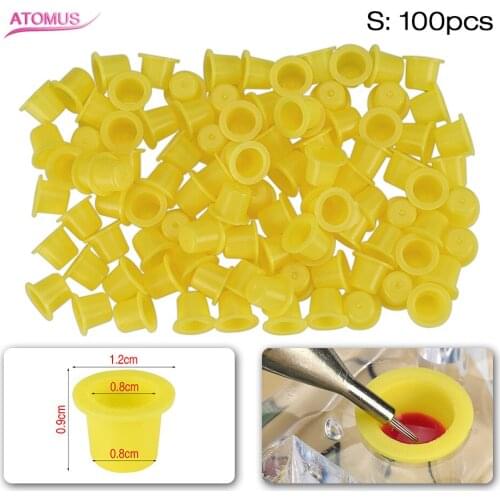 100Pcs Yellow Plastic Small Ink Pigment Cup For Permanent Tattoo Makeup Eyebrow Makeup Container Stand Holder Accessories