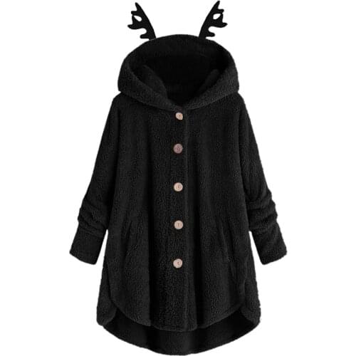 Sweatshirt Christmas Womens Kawaii Deer Ear Winter Warm Hoodies Warm Womans Fleece Jackets Solid Button Pullover Plush Hoody Top