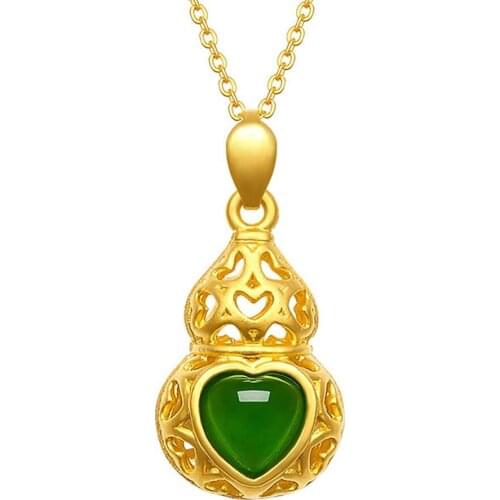 VINTAGE CALABASH EMERALD GREEN JADE GEMSTONES PENDANT NECKLACES FOR WOMEN GOLD COLOR CHOKER JEWELRY BIJOUX ACCESSORY GIFT NEW