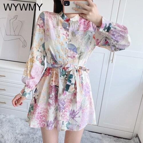 WYWMY Women Floral Print Dress 2021 Chic Fashion With Belt Linen Mini Dress Vintage O Neck Long Sleeve Female Dresses Vestidos