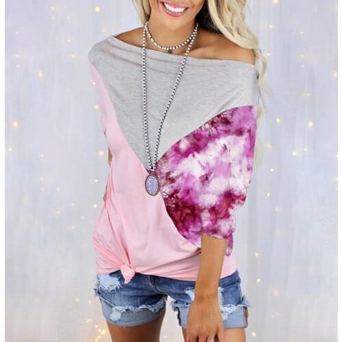 2021 Summer T-Shirt Women Fashion Batwing Half Sleeve Slash Neck Tie Dye Patchwork Tops Casual Loose Streetwear