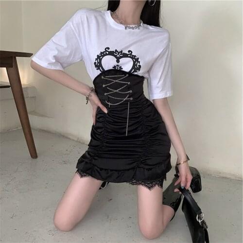 High Waist Bandage Solid Black Women Skirt Mini Summer Ruffled Lace Patchwork Streetwear And White Printed T Shirt 2 Piece Sets