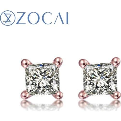 ZOCAI 100% Natural Diamond 0.16 ct Princess Cut Genuine Diamond Stud Earrings 18K Gold E80009T