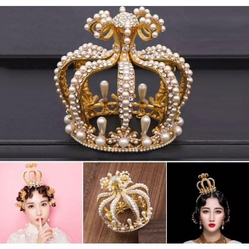 Bridal Round Baroque Crown Headwear Luxury Alloy Pearl Inlaid Headband for Female Wedding Hair Accessories BH