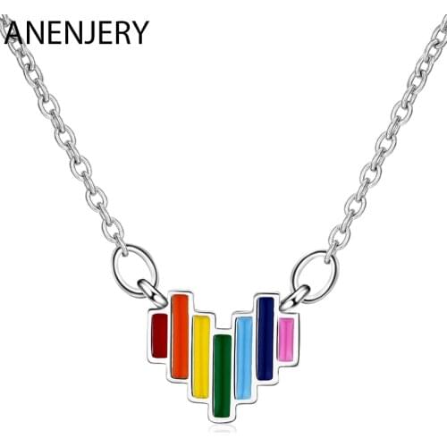 ANENJERY 925 Sterling Silver Delicate Rainbow Colorful Heart Pendant Necklace For Fashion Women Jewelry Gift Wholesale S-N485