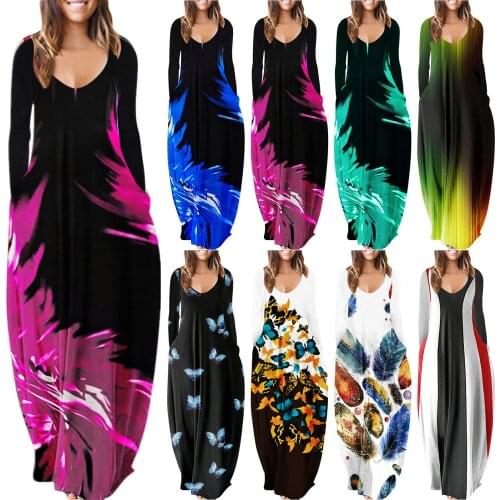 Women Casual Loose Long Sleeve Maxi Dress With Pocket V Neck Butterfly Stripd Feather Print Elegant Party Robe Dresses Plus Size