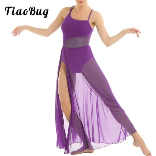 Women Adult Lyrical Dance Dress Leotard Mesh Dancewear Flowy Long Slit Skirt