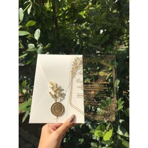 Acrylic invitation. Gold foil print. (optional). Acrylic wedding invitation. Ivory envelope (optional). Wax seal. Dried flowers