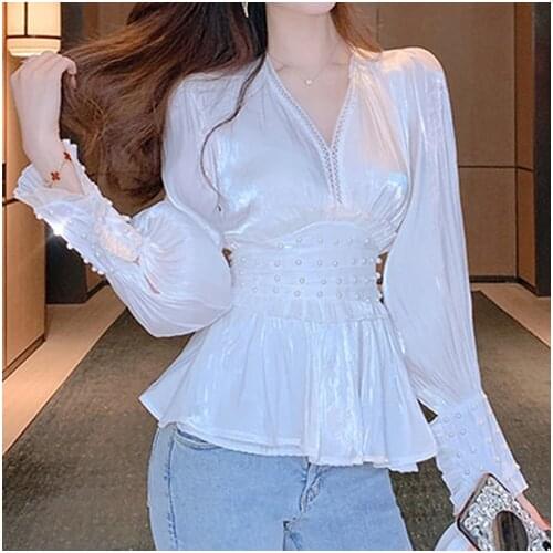 White chiffon shirt womens summer dress 2021 new womens V-neck beaded lantern sleeve top waist waist small shirt tide