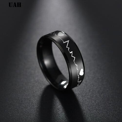 UAH Heart Shape Smooth Thick Titanium Steel Black Ring Electrocardiogram Heartbeat Rings For Men Rock Ring Jewelry