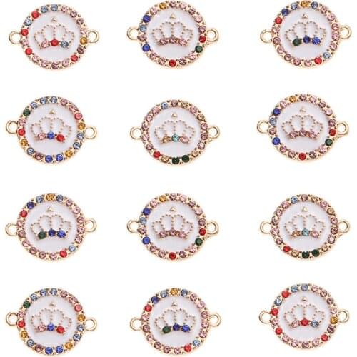 Julie Wang 10PCS Enamel Crown Connector Rhinestone Crystal Round Alloy Bracelet Pendant Jewelry Making Metal Accessory