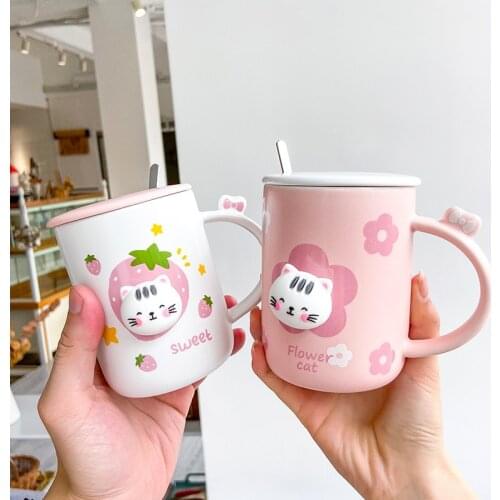 400ml ins Style Kawaii Sweet Cat Coffee Cup Cartoon Cute Cat Ceramic Mug With Lid And Spoon Breakfast Milk Water Cups