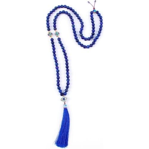 108 Lapis Lazuli Stone Necklace Long Tassel Mala Necklace For Women Yoga Jewelry 8mm Bead