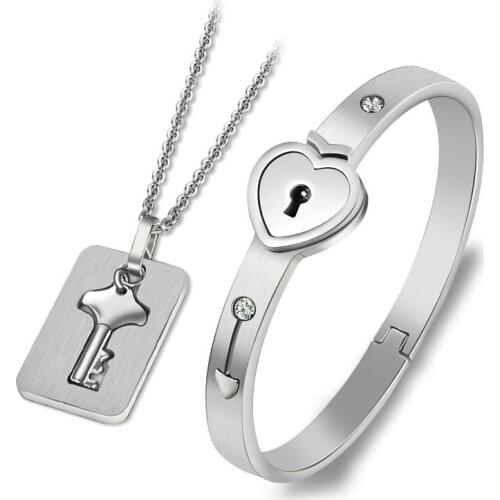 Concentric Lock Key Titanium Stainless Steel Jewelry Bracelet Necklace Couple Sets