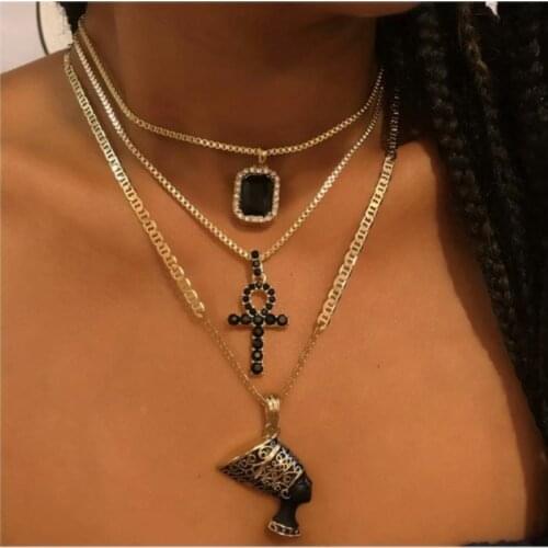 Boho Gold Chain Cross Crystal Avatar Gem Necklace Set Fashion Multilayer Pendant Necklace Personality Jewelry Accessories