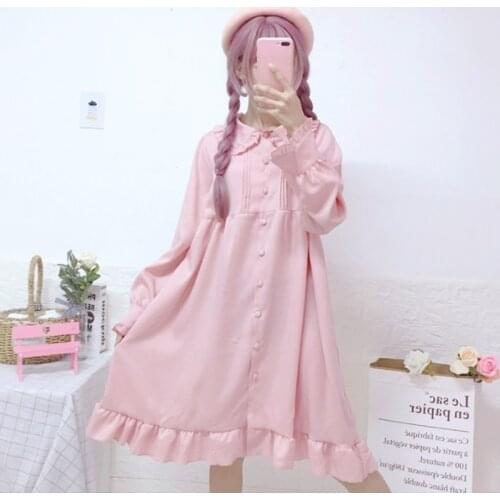 Japanese Style Sweet Soft Girl Doll Collar Mid-Length Ruffled Long Sleeve Dress for Women 2021spring New Thin lolita dress