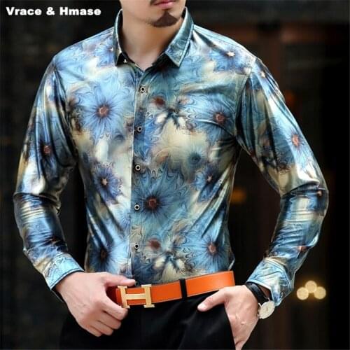 Fashion popular 3D printing business casual boutique long sleeve shirt Autumn 2017 soft comfortable gold velvet men shirt M-XXXL
