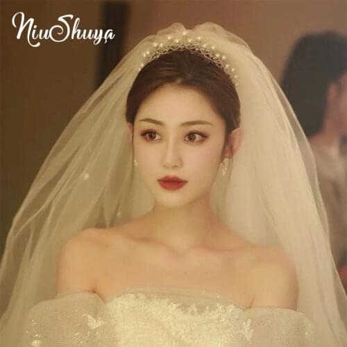 NiuShuya Luxury Pearl Bridal Crystal Tiaras Crown Princess Veil Pageant Prom Rhinestone Tiara Party Wedding Hair Accessori