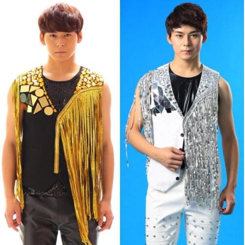 Original men tassel vest costume clothing camiseta tirantes hombre personalized singer dance stage street star style dress