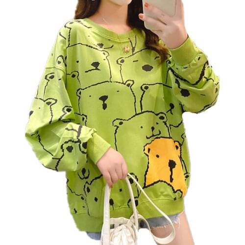 Autumn Cute Full Bears Printed Hoodies Top Women O Neck Long Sleeve Casual Sweatshirts Teenager Students Kawaii Pullover Outwear
