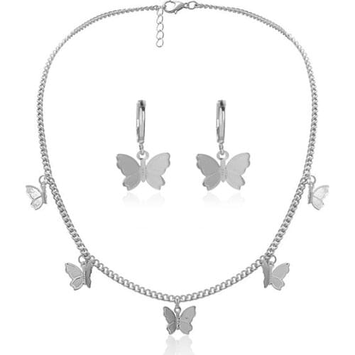 Butterfly Necklace Earrings Set Adjustable Butterfly Chain Necklace Charm Hoop Earrings Butterfly Jewelry for Women Girls