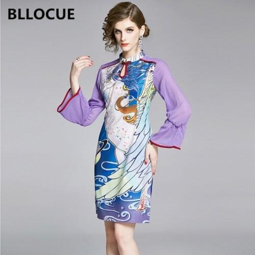 BLLOCUE Modern Chinese Style Cheongsam Dress 2020 womens Modern Elegant Printing Chiffon Trumpet Sleeve Qipao Ladies Dress