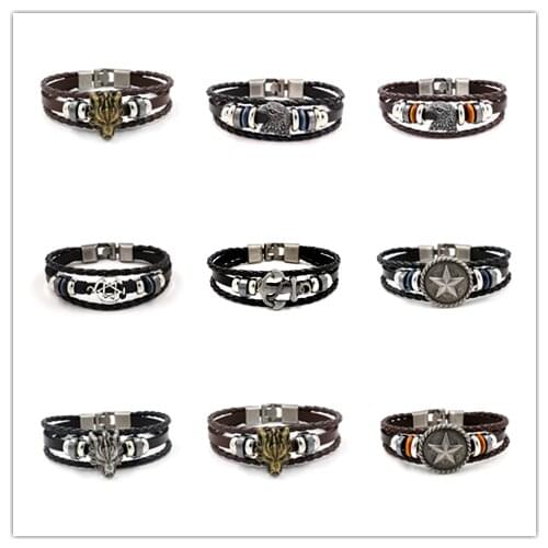 Casual fashion multi-layer woven bracelet mens leather bracelet womens wooden bead bracelet punk rock mens jewelry