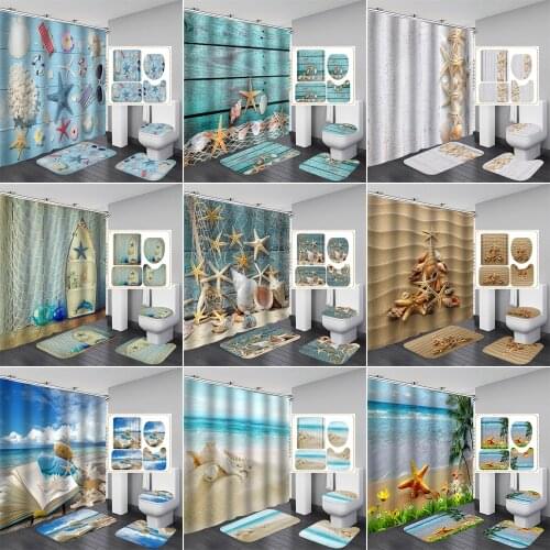 Conch Starfish Shell Shower Curtain Bathroom Curtains Non Slip Beach Style Pattern Anti-skid Carpet Toilet Lid Cover Bath Mat