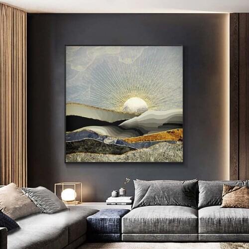 Modern Posters And Prints Abstract Mountain Sun Golden Wall Art Pictures Canvas Painting For Living Room Sofa Home Decor